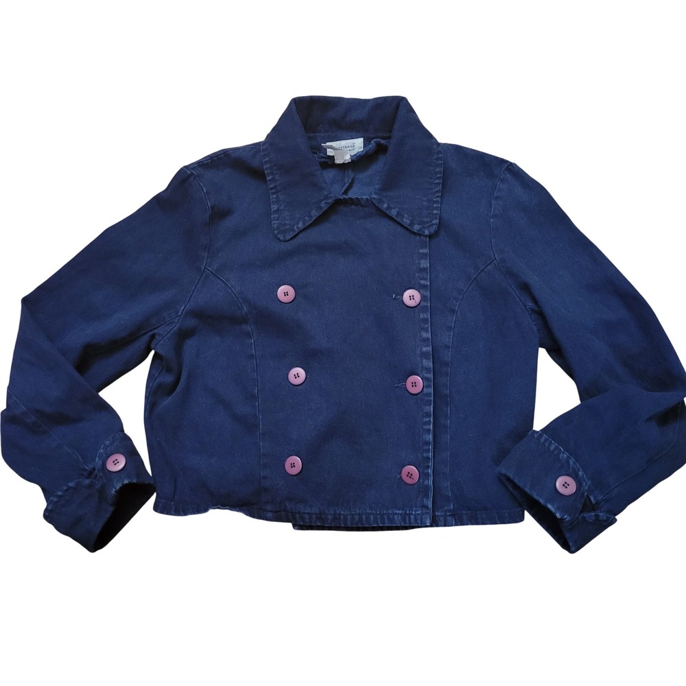Sostanza Vintage Denim Blue Jean Cotton Cropped‎ Double Breasted Jacket L Retro